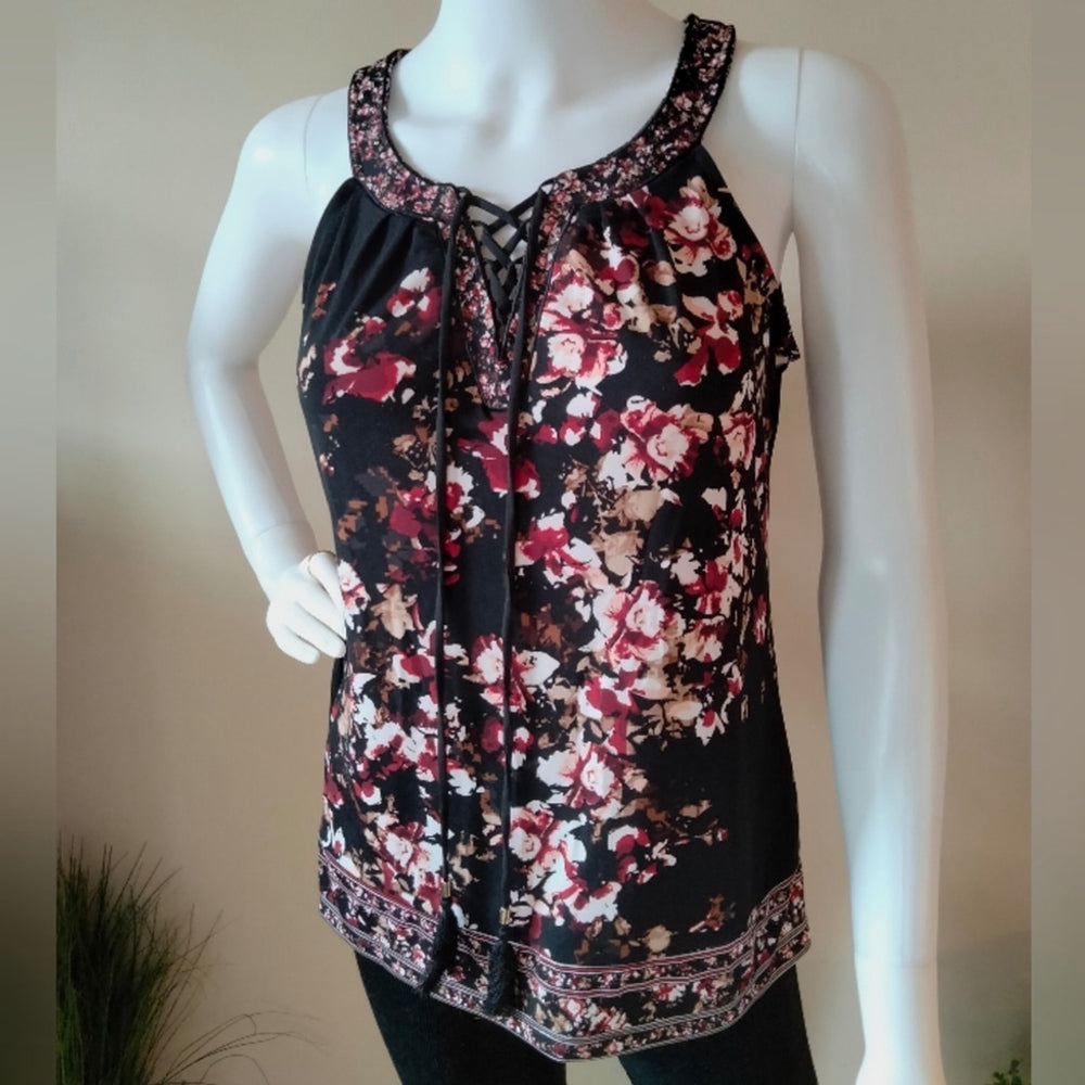 WHBM Black Floral Sleeveless Lace Up w/Tassels & Scoop Neck Tunic Size XS