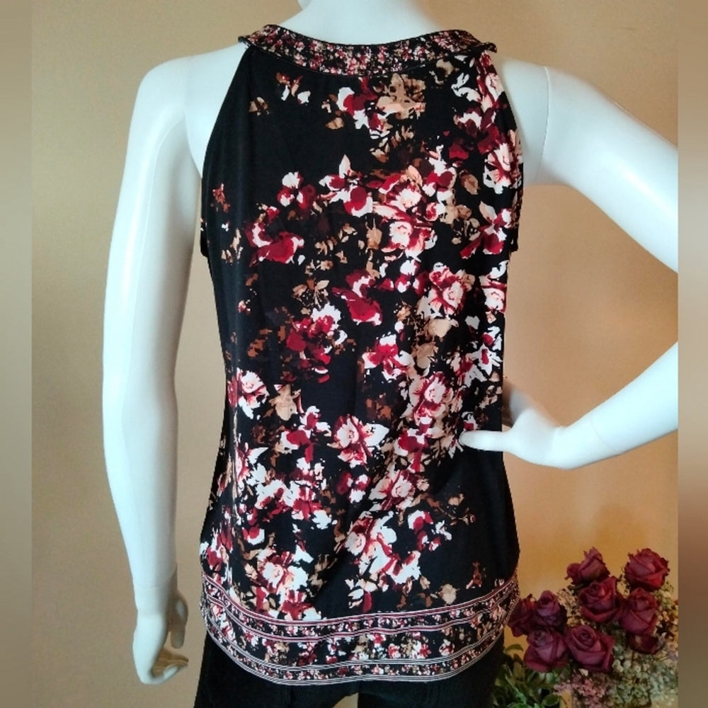 WHBM Black Floral Sleeveless Lace Up w/Tassels & Scoop Neck Tunic Size XS