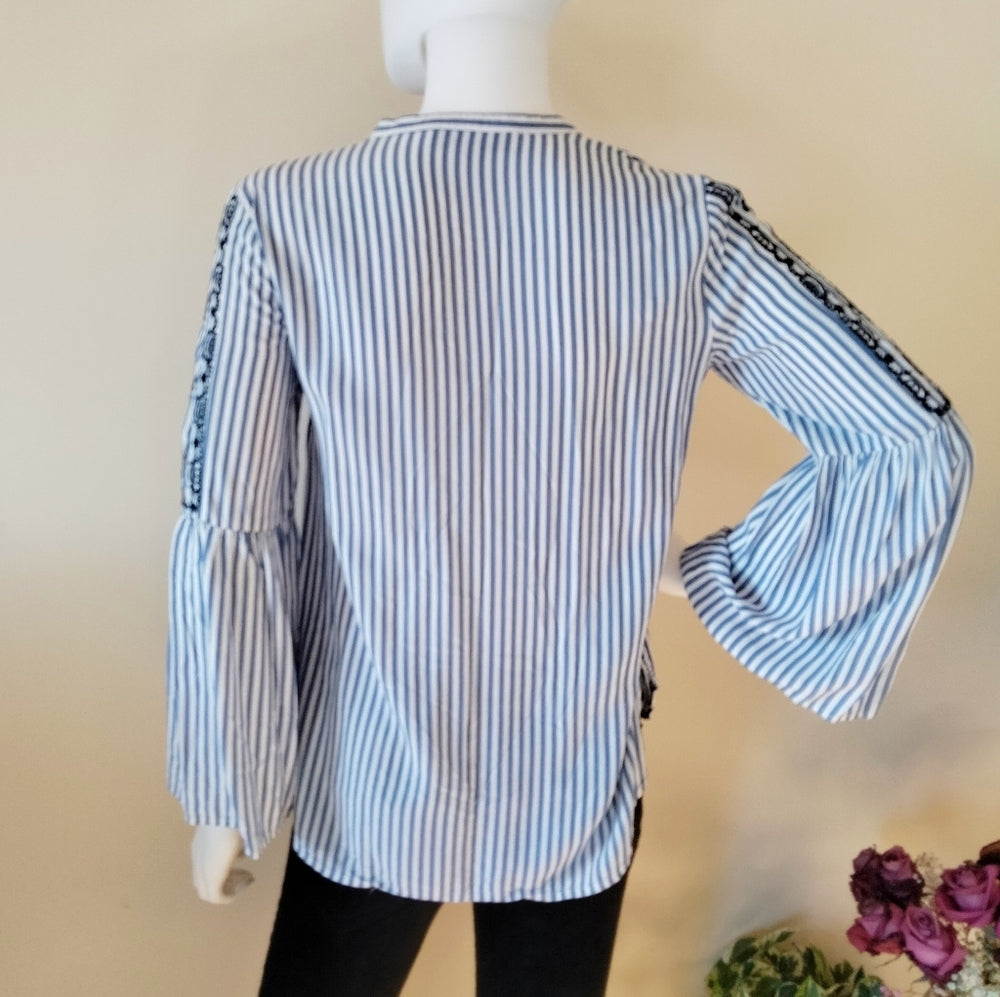 LOFT Blue & White Striped Embroidered Blouse – XS Petite