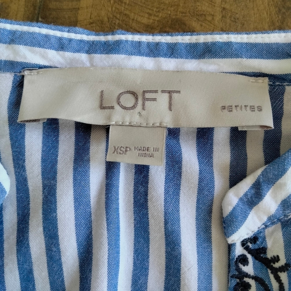 LOFT Blue & White Striped Embroidered Blouse – XS Petite
