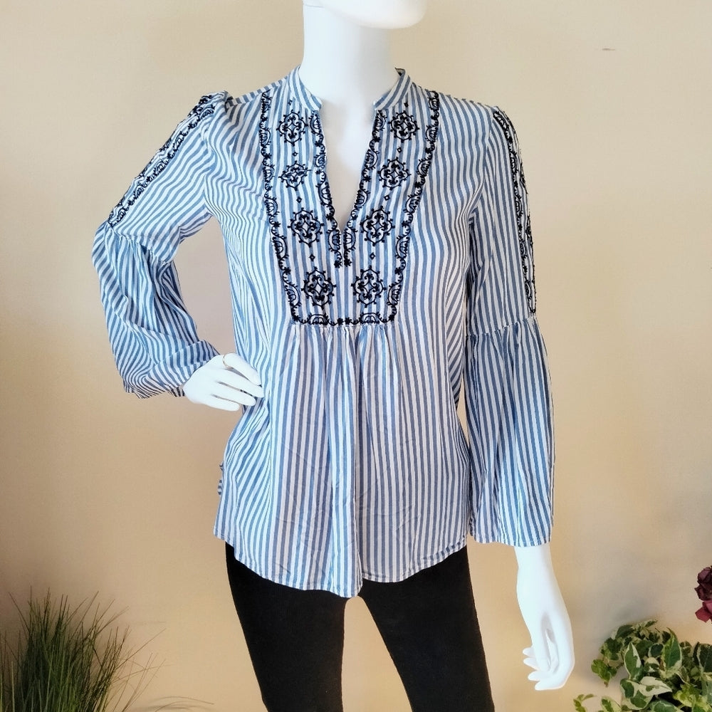LOFT Blue & White Striped Embroidered Blouse – XS Petite