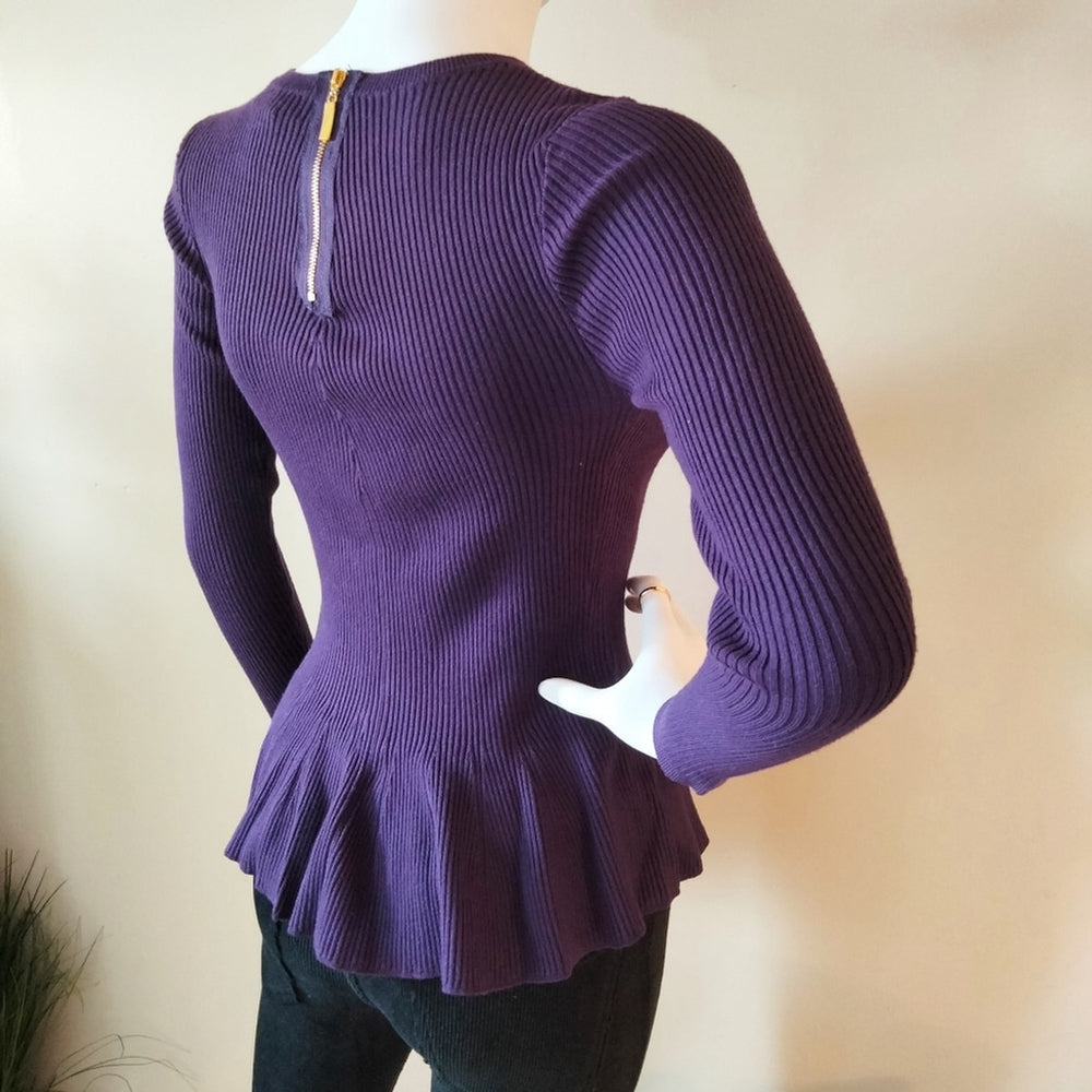 Grace Elements Elegant Purple Ribbed Peplum Top Size Petite Small NWT
