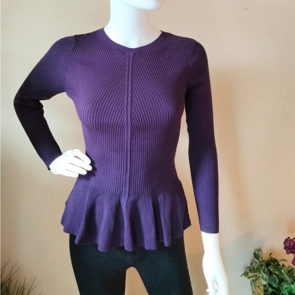 Grace Elements Elegant Purple Ribbed Peplum Top Size Petite Small NWT