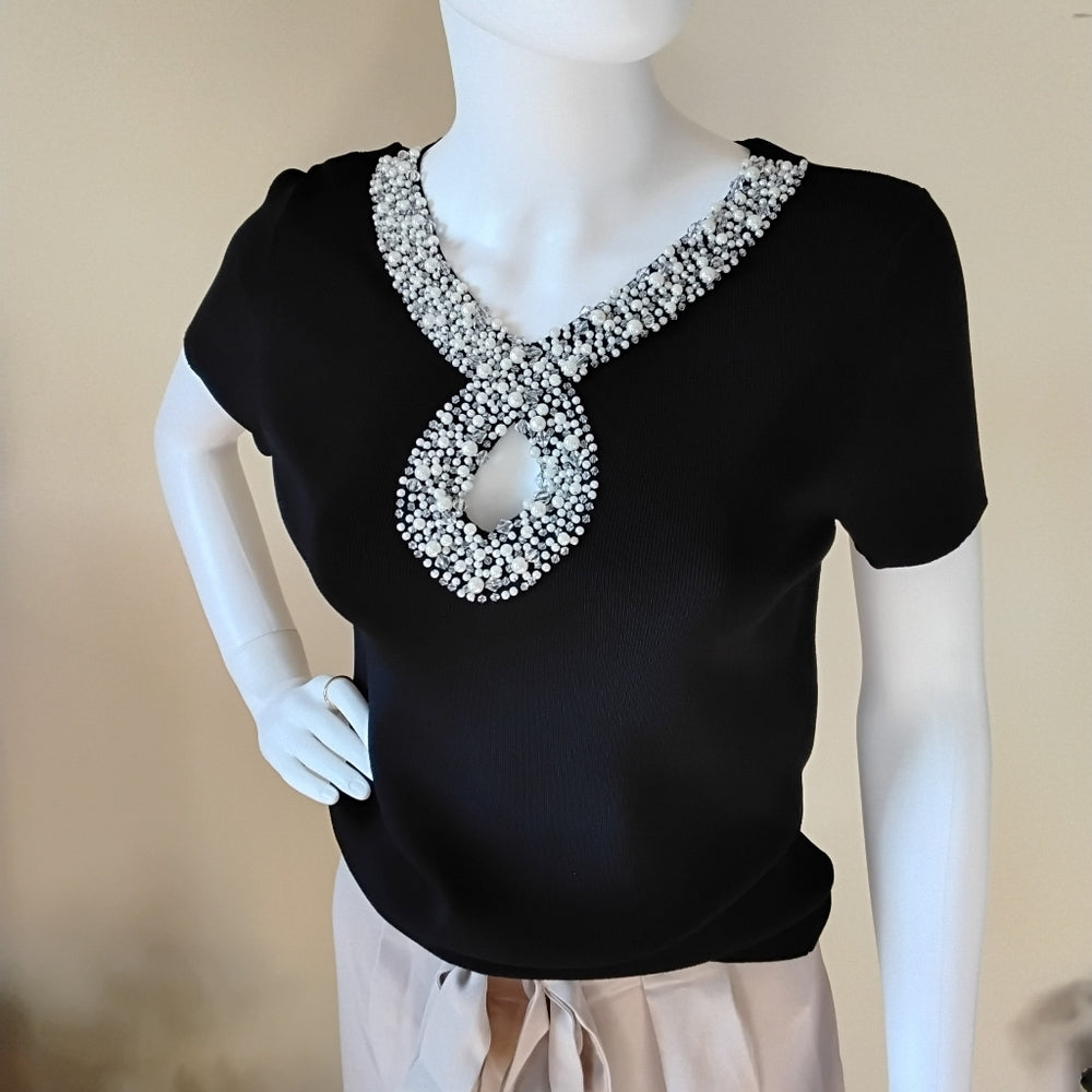 Cable & Gauge Sophisticated Black Embellished Statement Top Size Small