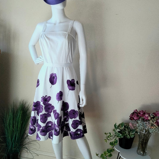 ALYN PAIGE White & Purple Floral Midi Dress – Size 7/8