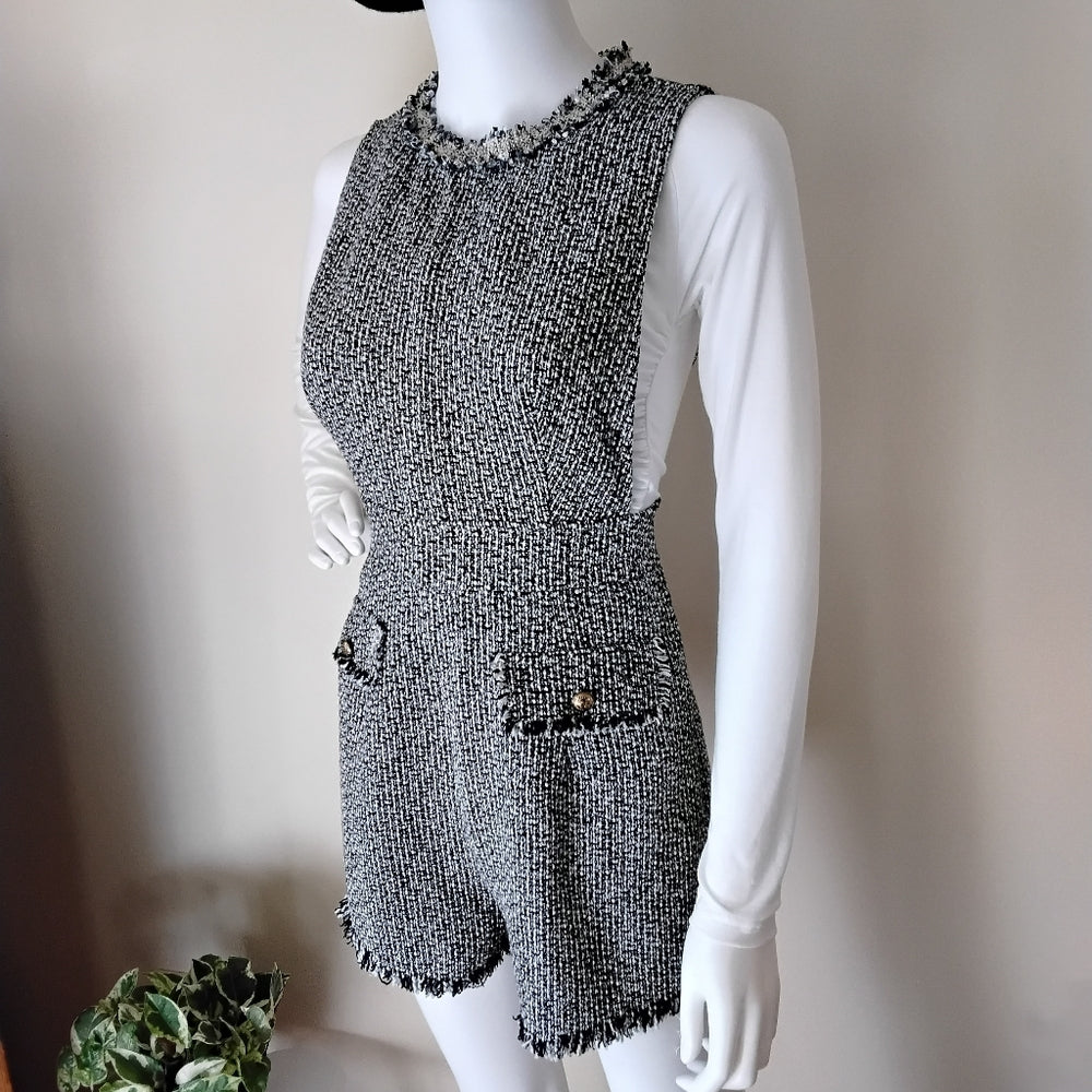 Shein Tweed Sleeveless Romper w/Fringed Hem Sz M