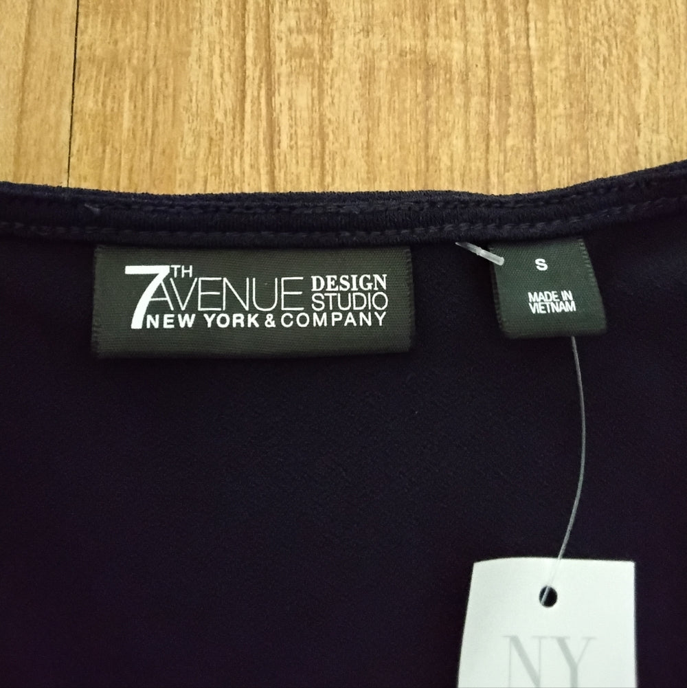 NY & Company 7th Avenue Navy Bow Blouse – Sheer Flutter Sleeves – Size S NWT