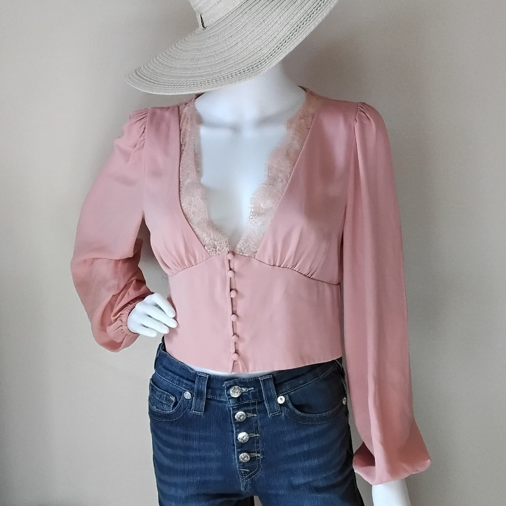 Forever 21 Pink Long Sleeve Lace-Trim V-Neck Blouse – Size M