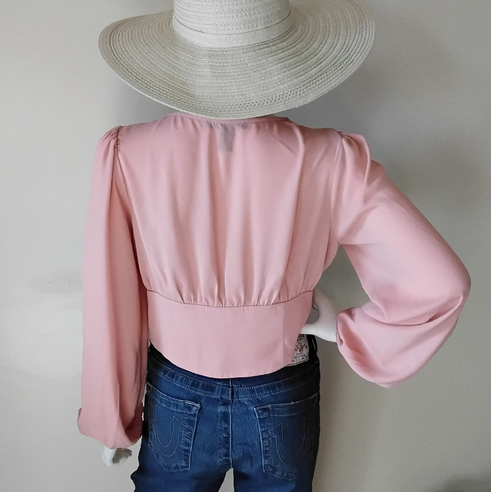 Forever 21 Pink Long Sleeve Lace-Trim V-Neck Blouse – Size M