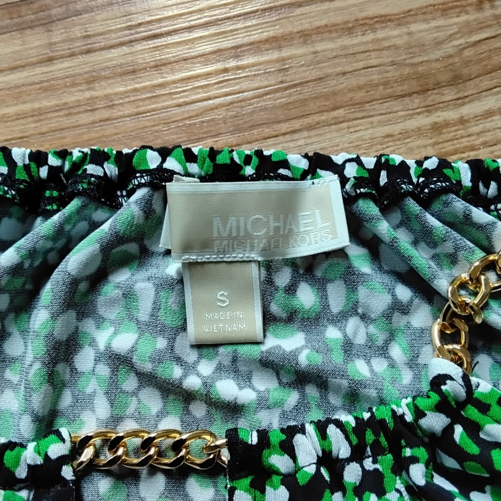 Michael Kors Abstract Green & Black Gold Chain Detail Blouse Sz Small NWOT