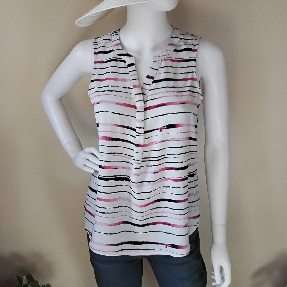 APT. 9 Pink, White, & Black Petite Striped Hi-Lo Pleated Tank – Office Chic PS