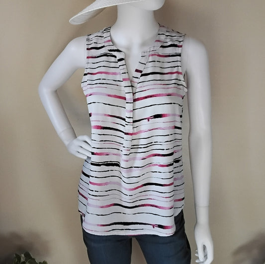 APT. 9 Pink, White, & Black Petite Striped Hi-Lo Pleated Tank – Office Chic PS