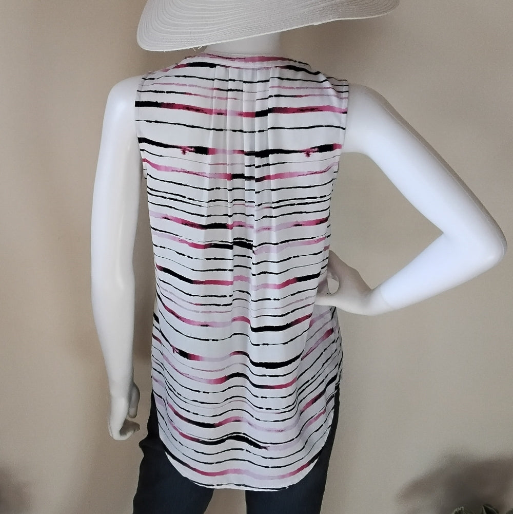 APT. 9 Pink, White, & Black Petite Striped Hi-Lo Pleated Tank – Office Chic PS