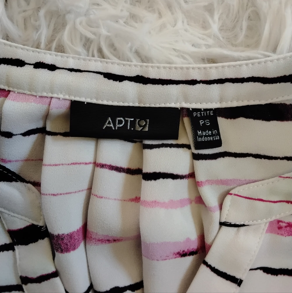 APT. 9 Pink, White, & Black Petite Striped Hi-Lo Pleated Tank – Office Chic PS