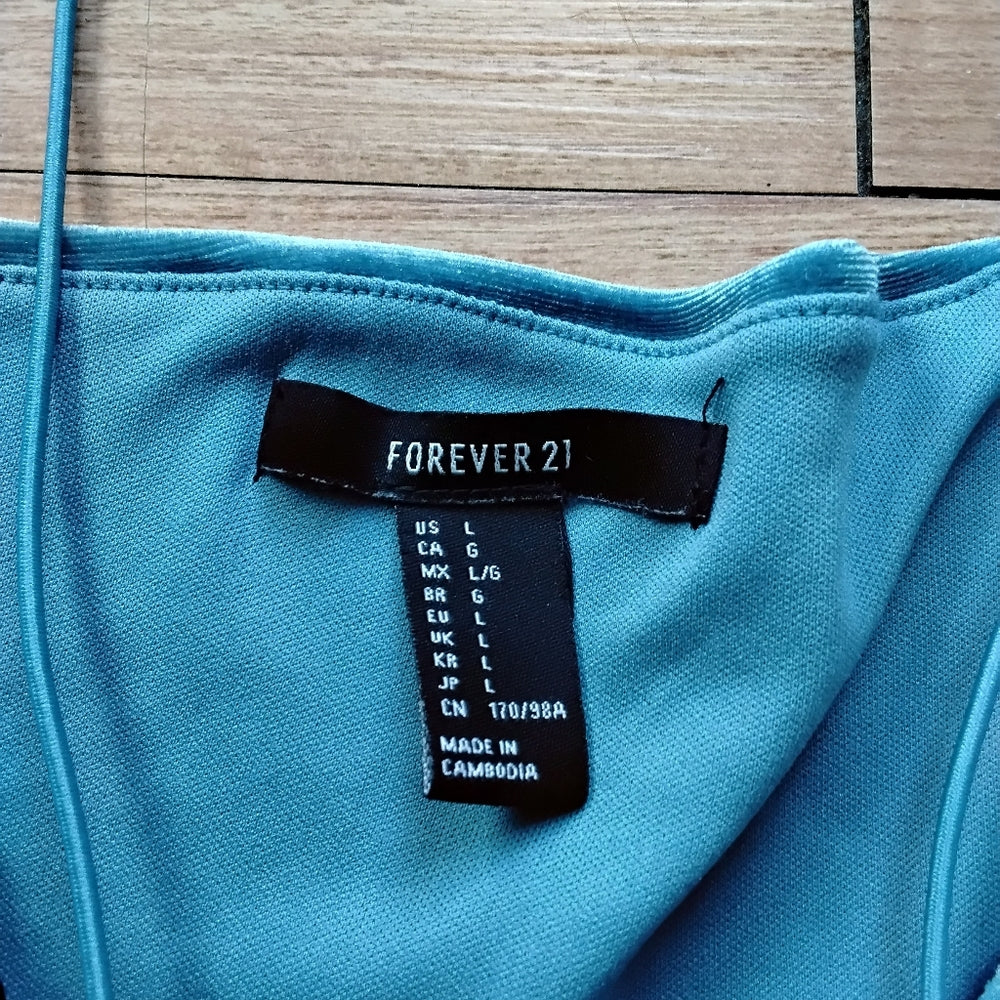 Forever 21 Blue Velvet Halter Mini Dress – Crisscross Back, Flared Skirt, Size L