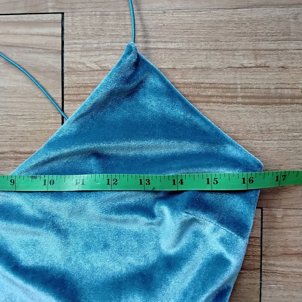 Forever 21 Blue Velvet Halter Mini Dress – Crisscross Back, Flared Skirt, Size L