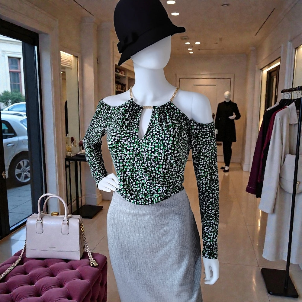 Michael Kors Abstract Green & Black Gold Chain Detail Blouse Sz Small NWOT