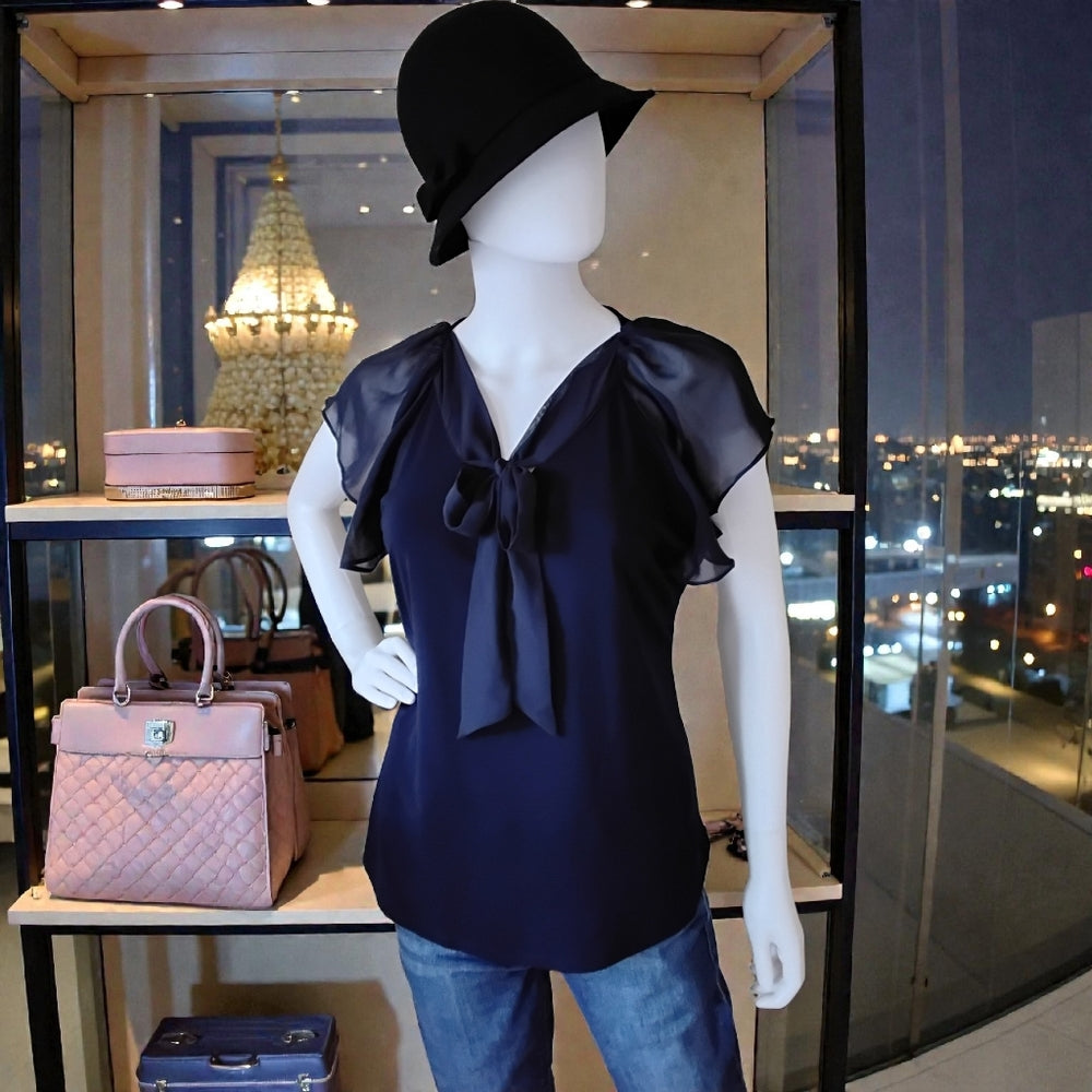 NY & Company 7th Avenue Navy Bow Blouse – Sheer Flutter Sleeves – Size S NWT