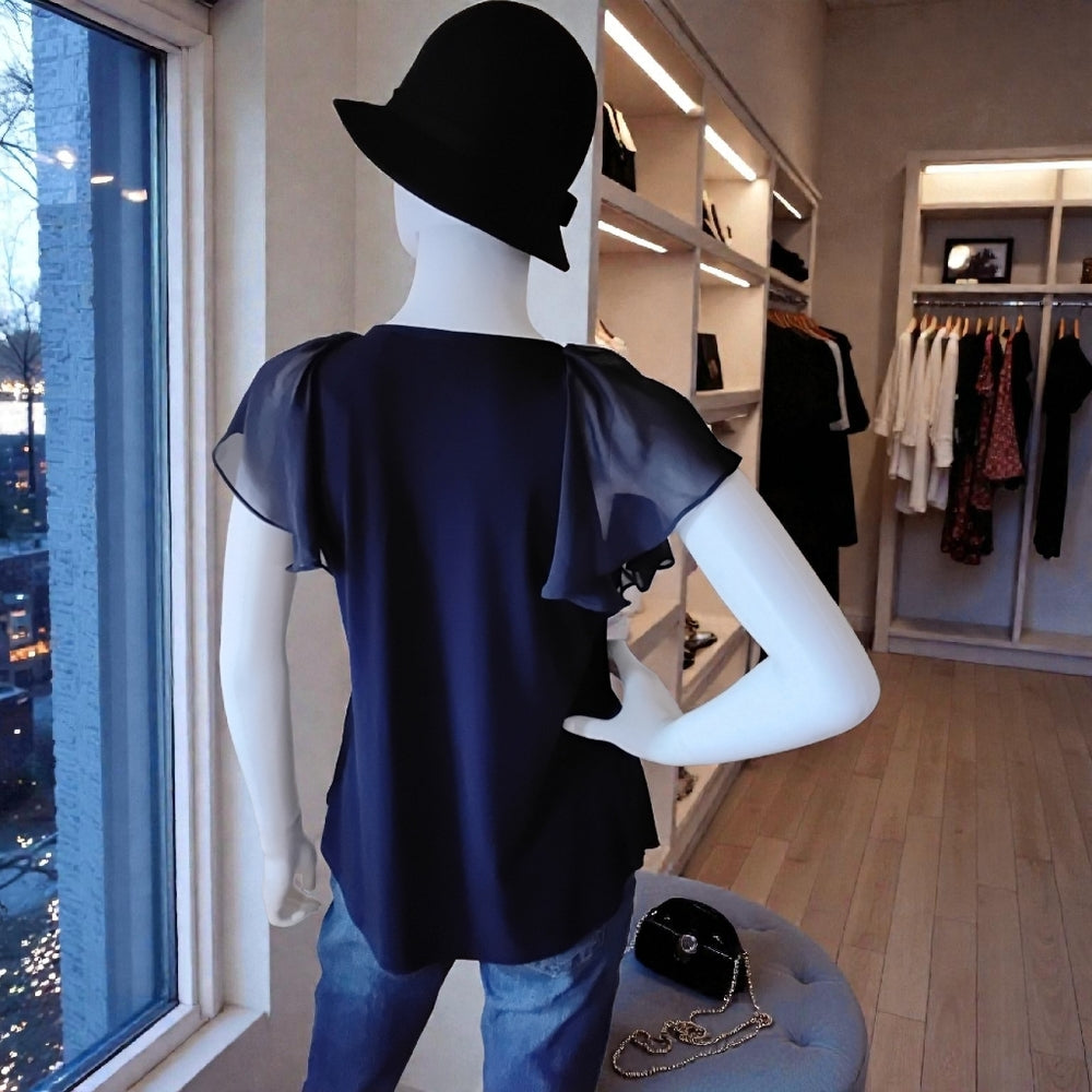 NY & Company 7th Avenue Navy Bow Blouse – Sheer Flutter Sleeves – Size S NWT