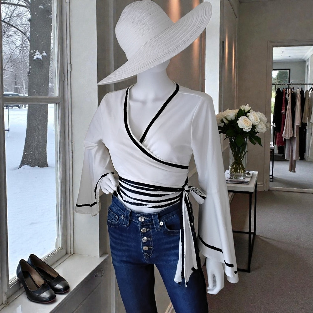 Charlotte Russe White Wrap Top - Black Trim - Flared Sleeves Size L – EUC