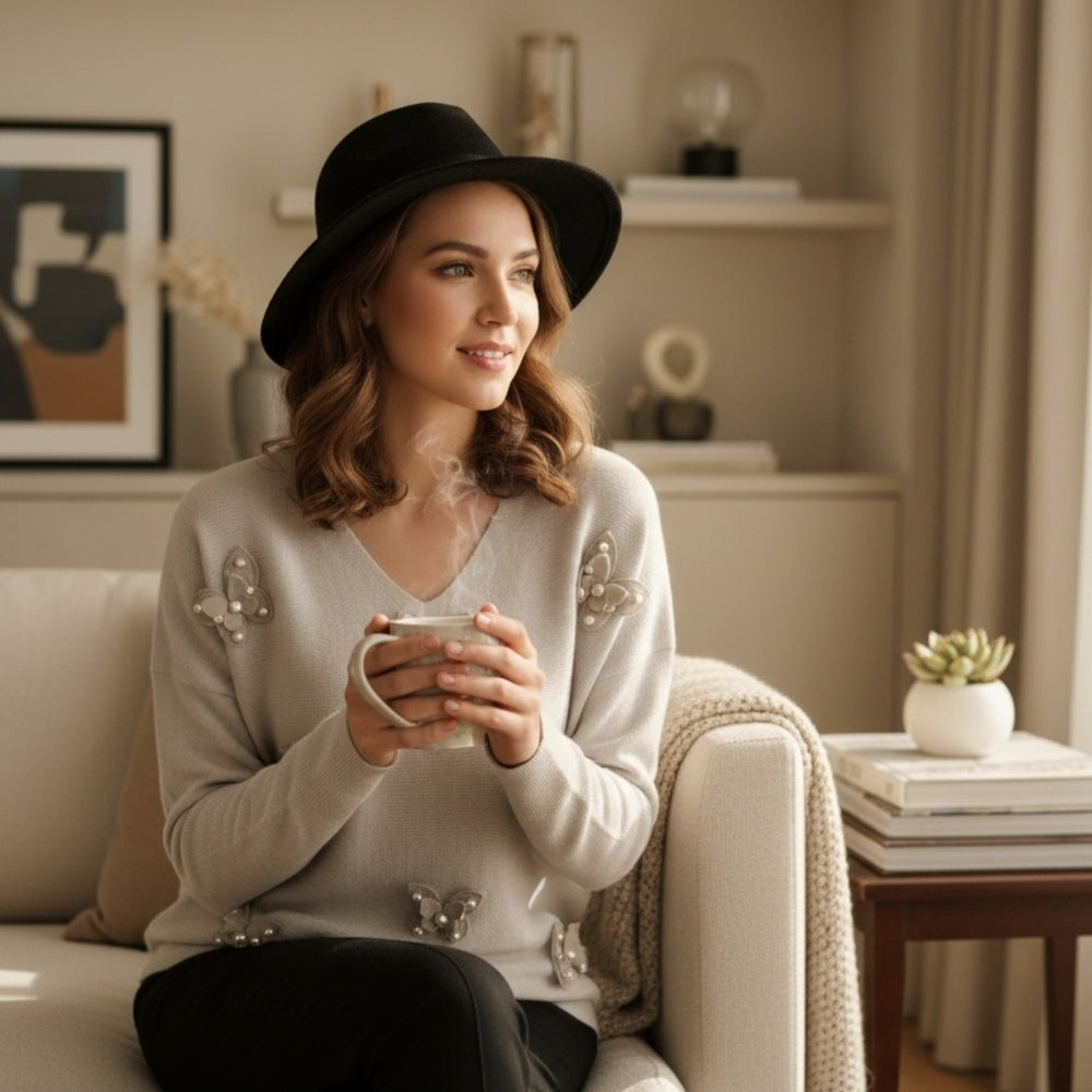 LIV MILANO Elegant Ribbed Cream Sweater with Butterfly & Pearl Accents Sz M