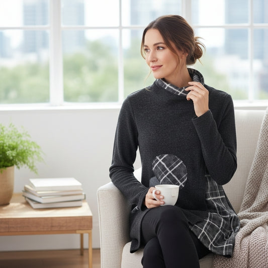 Lily London Super Warm & Cozy Cowl Neck Dress with Abstract Plaid Accents Sz Medium