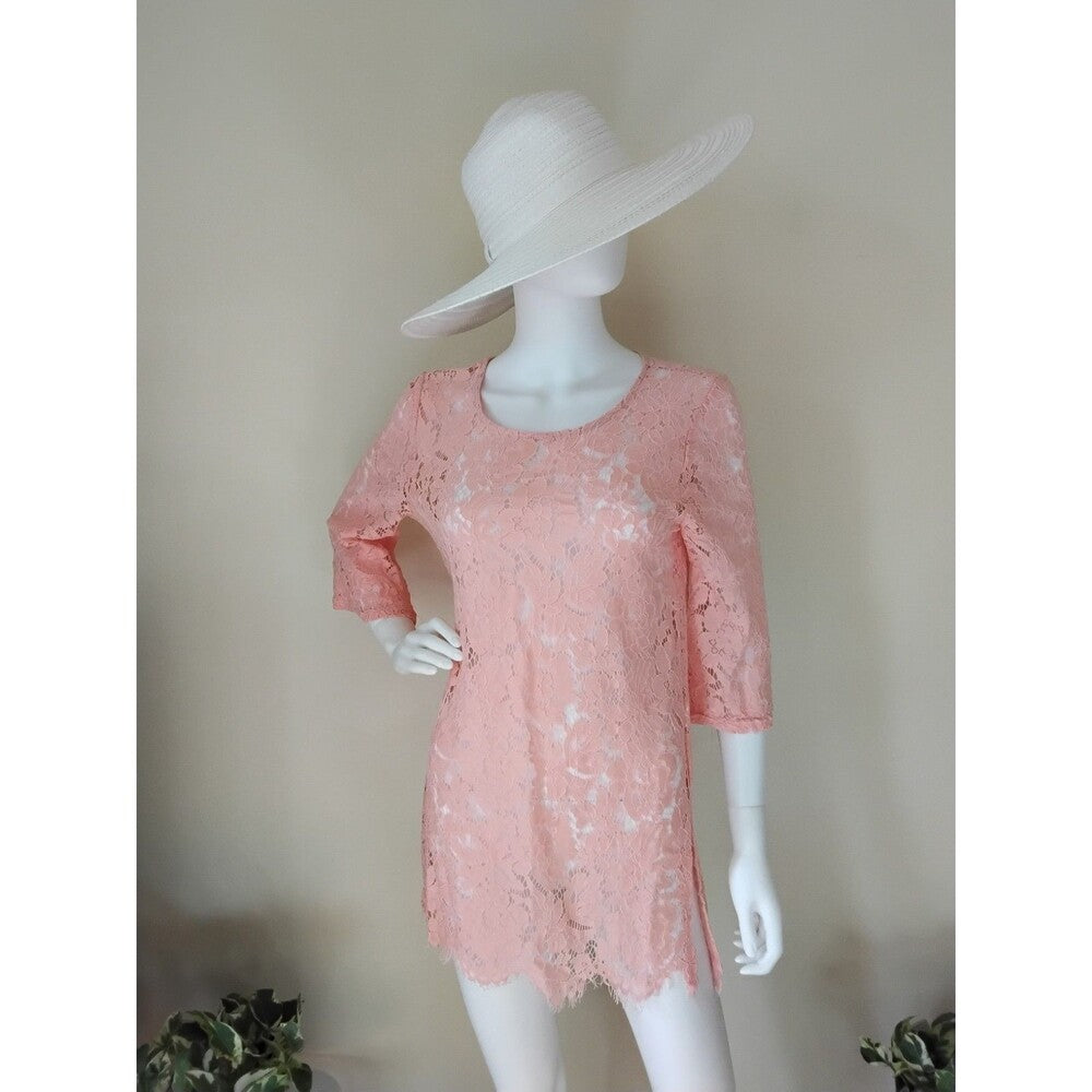 Grace & Emma Romantic Peach Floral Lace Long Sleeve Sweetheart Dress Size Small