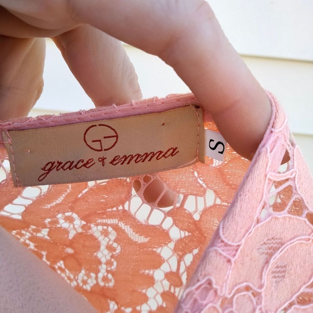 Grace & Emma Romantic Peach Floral Lace Long Sleeve Sweetheart Dress Size Small