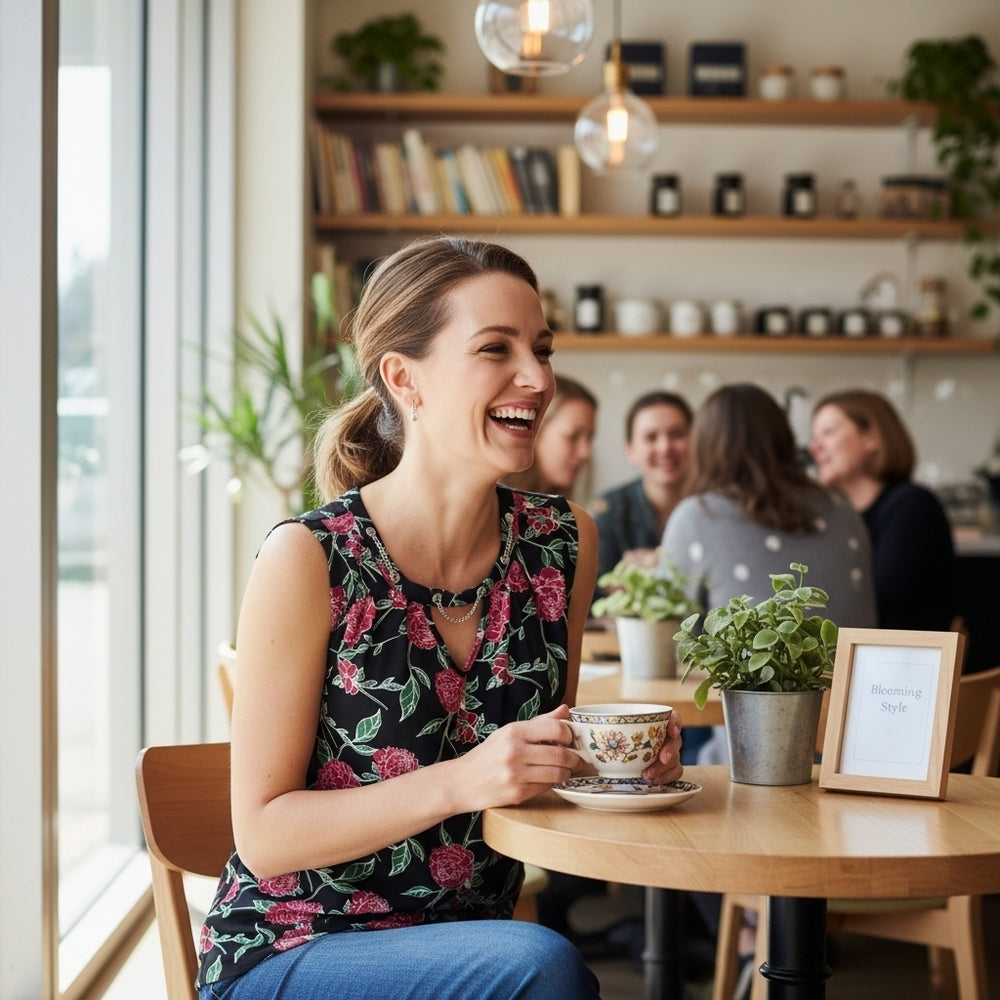 Love Scarlett Red & Black Floral Chain-Neck Top – Sleek & Chic Size Medium