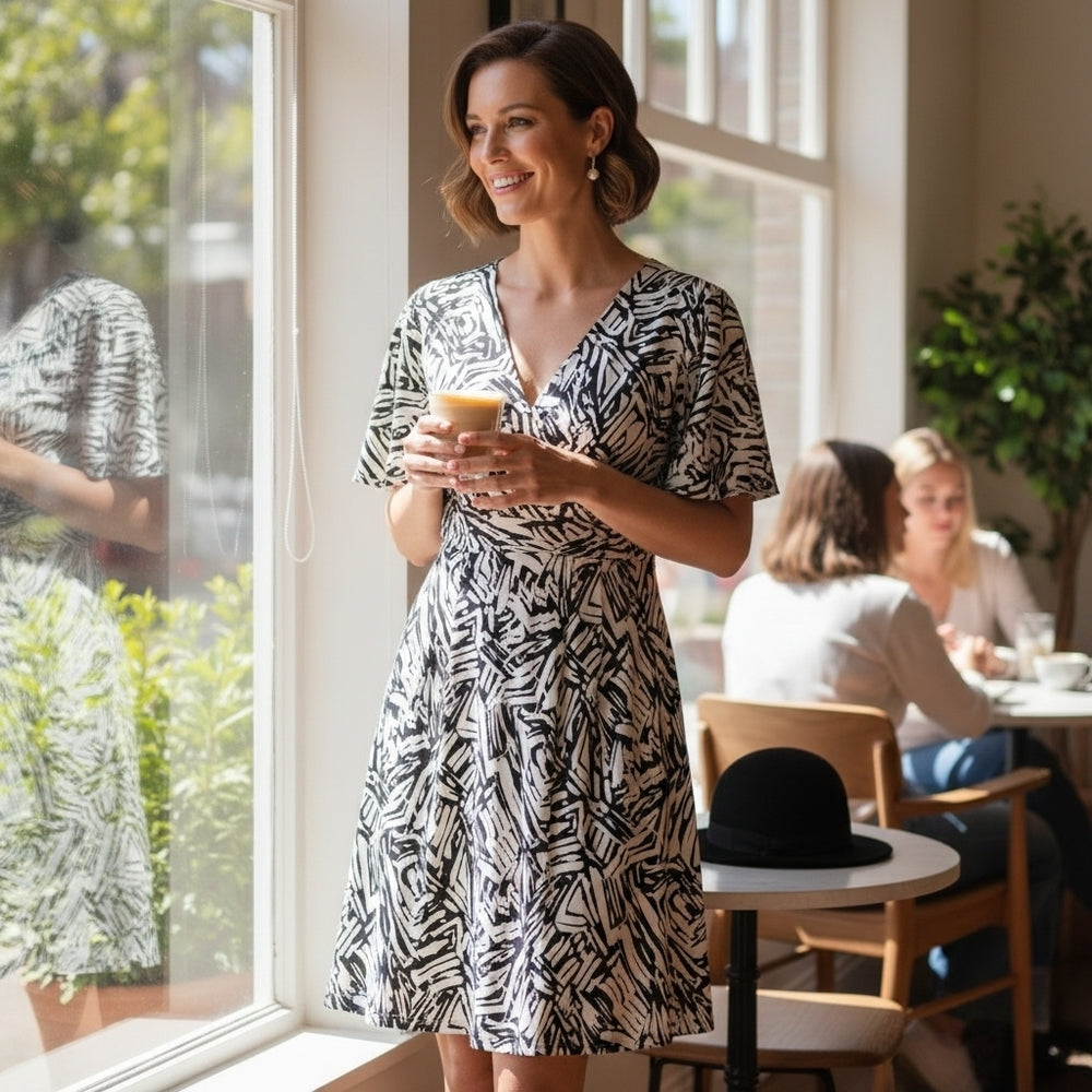Max & Cleo Cream & Black Geometric Pocket Dress – Size 4