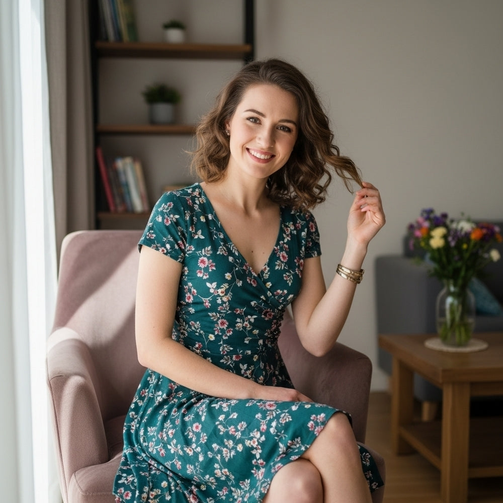 Kaileigh Green V-Neck Wrap-Style Floral Mini Dress Size  Small