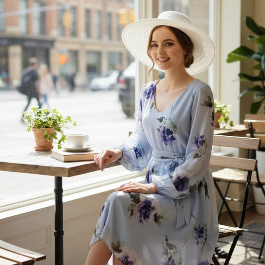 Nine West Light Purple Floral Belted Midi Dress – Sheer Long Sleeves – Sz 6