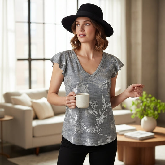 NWT White House Black Market Elegant Silver & Gray Metallic Floral Top Sz XS