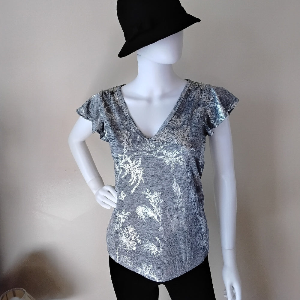 NWT White House Black Market Elegant Silver & Gray Metallic Floral Top Sz XS