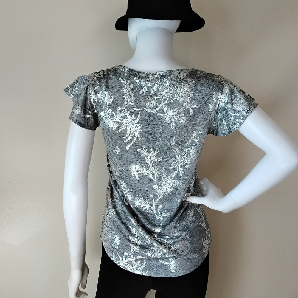 NWT White House Black Market Elegant Silver & Gray Metallic Floral Top Sz XS