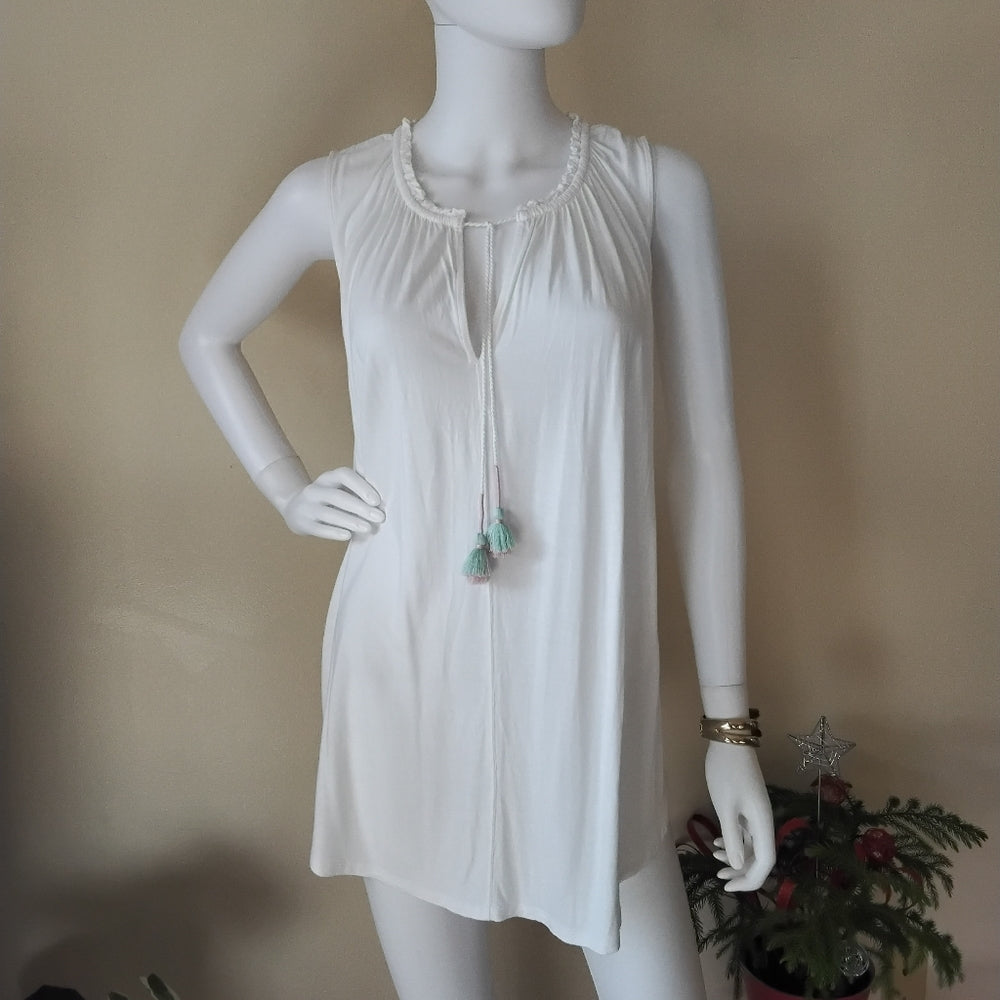 LOFT White Sleeveless Boho Top w/Pastel Tassels Sz XL
