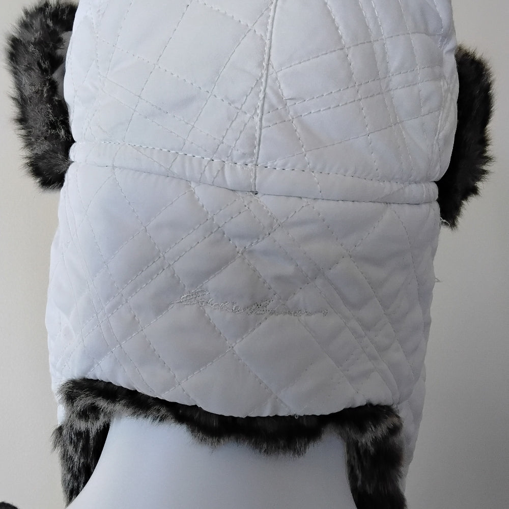 Eddie Bauer White Quilted Trapper Hat w/Plush Faux Fur S/M