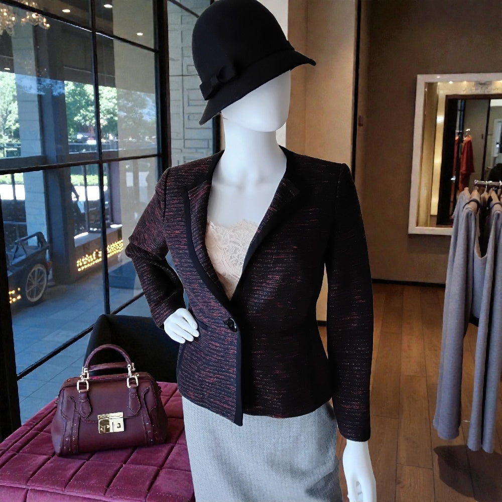 Kasper Tailored Deep Red & Black Trim Textured Blazer Sz 2P