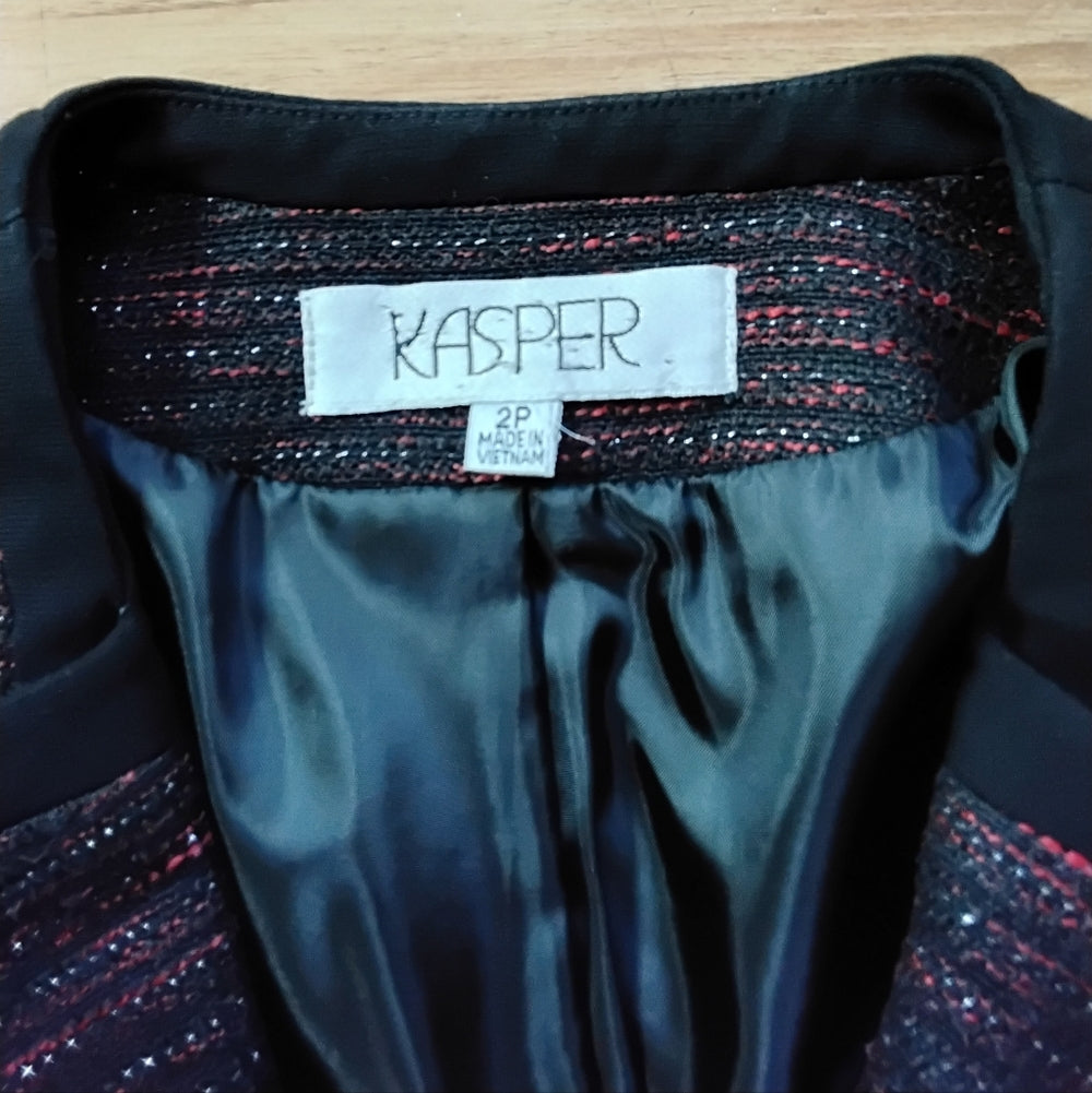 Kasper Tailored Deep Red & Black Trim Textured Blazer Sz 2P